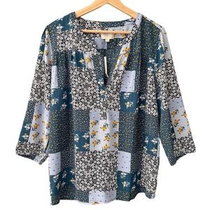 NEW! Loft Outlet Long Sleeve Split Neck Patchwork Floral Popover Teal Size Large